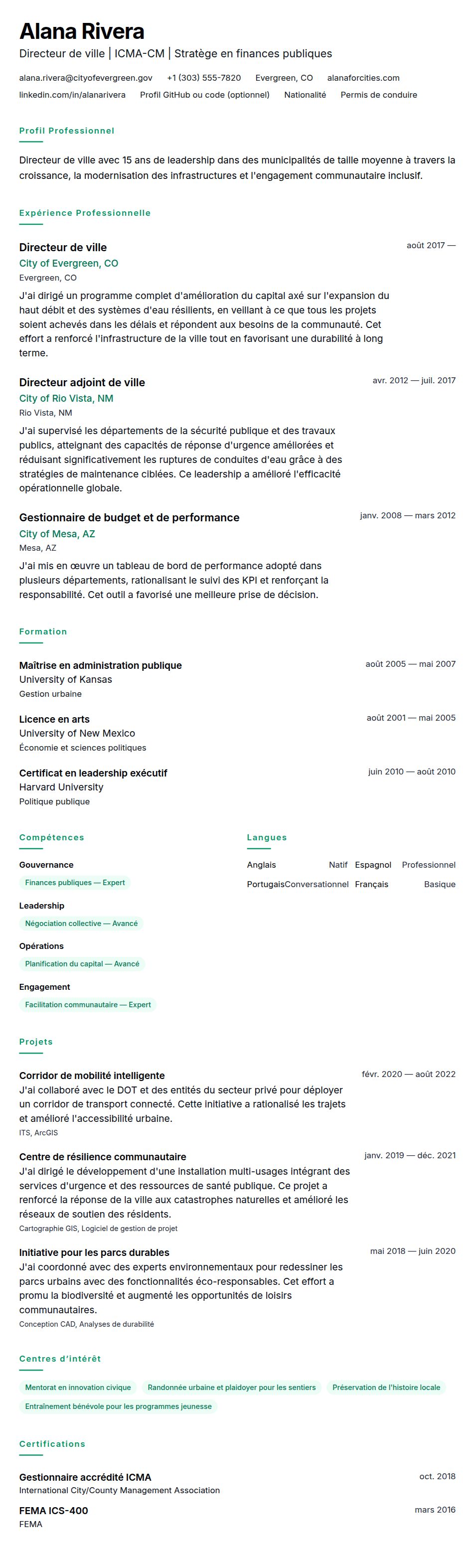 Aperçu du CV Exemple de CV de Directeur de ville
