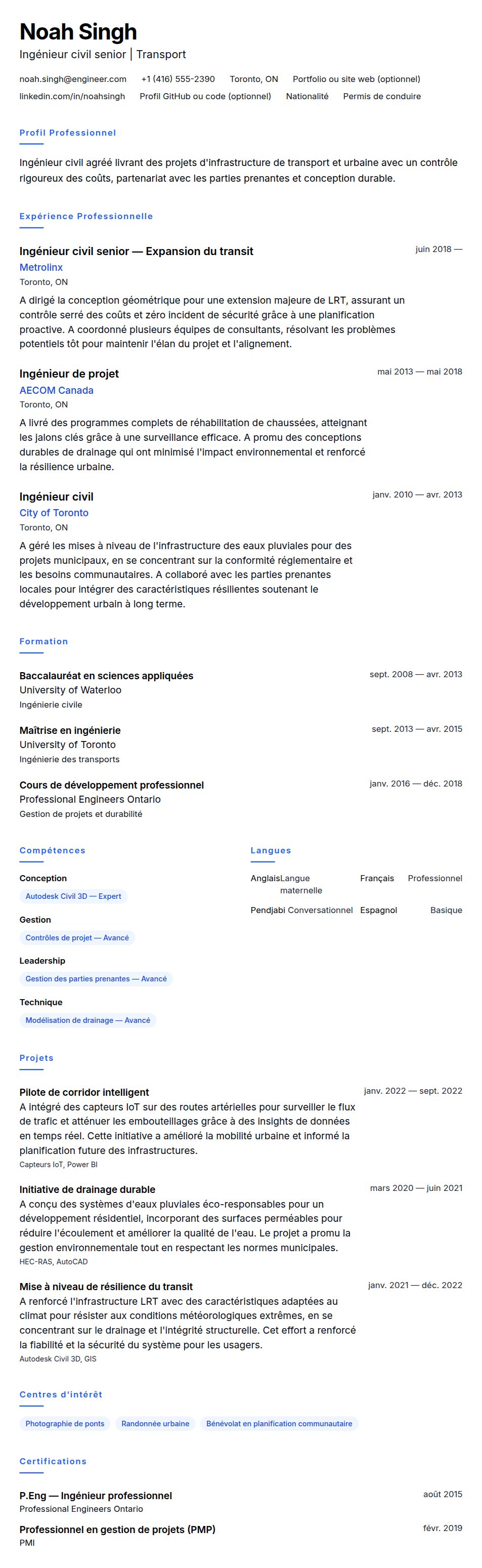 Exemple de CV d'ingénieur civil