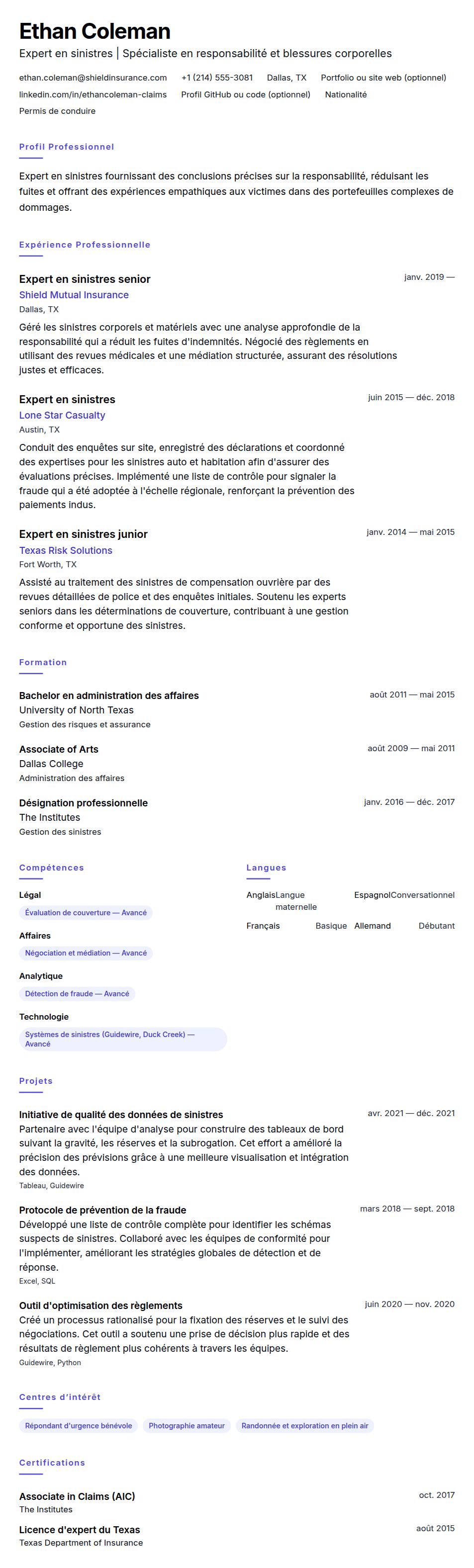 Aperçu du CV Exemple de CV d'Expert en sinistres