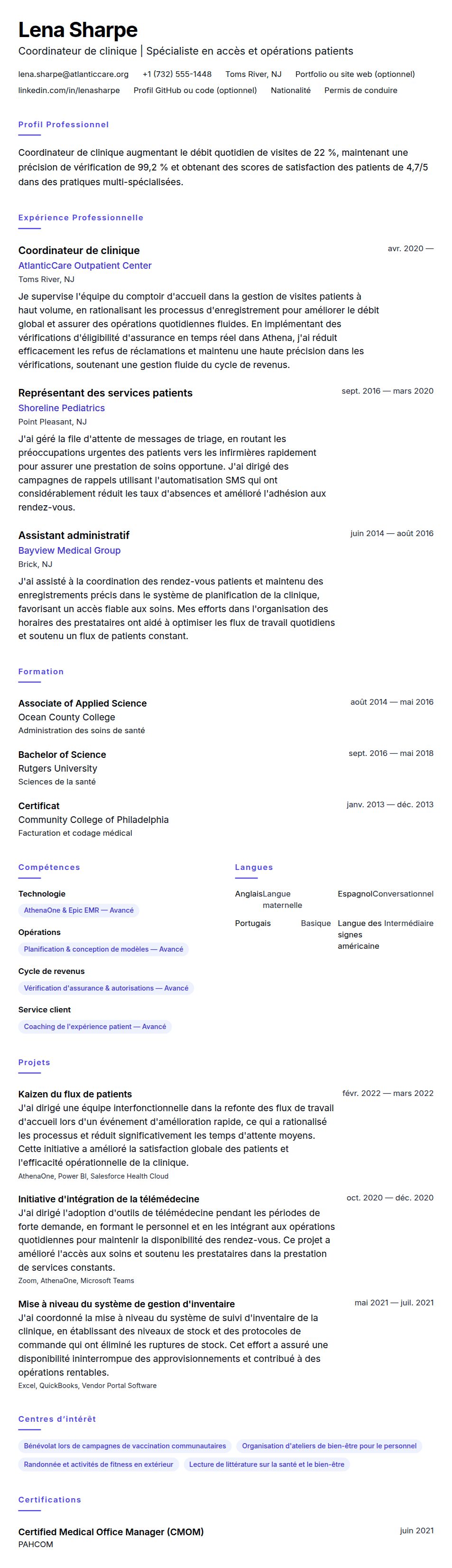Aperçu du CV Exemple de CV de Coordinateur de clinique