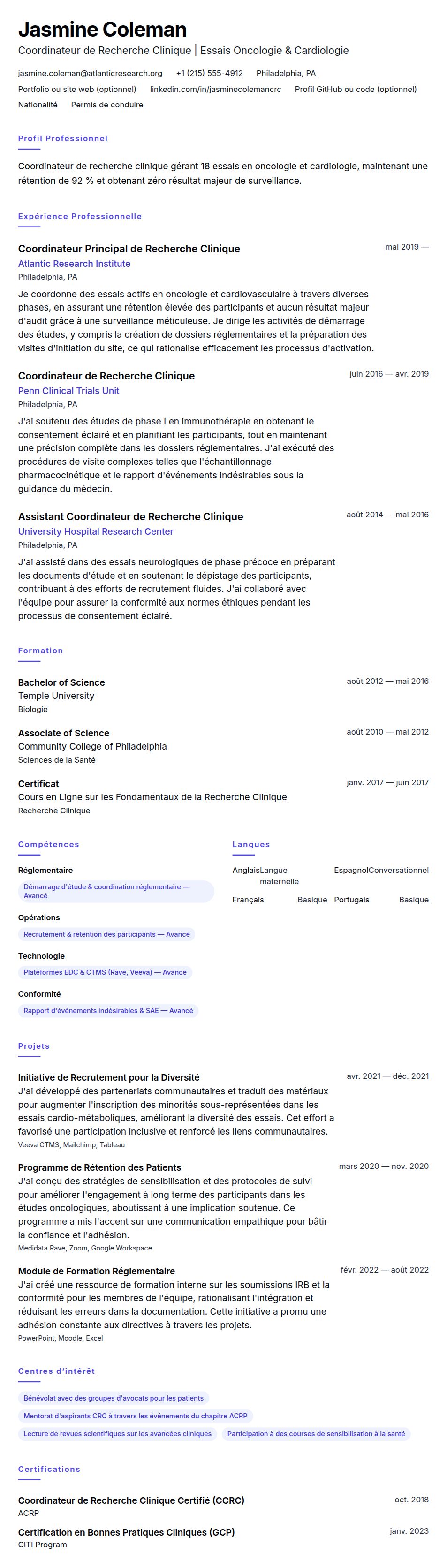 Aperçu du CV Exemple de CV de Coordinateur de Recherche Clinique