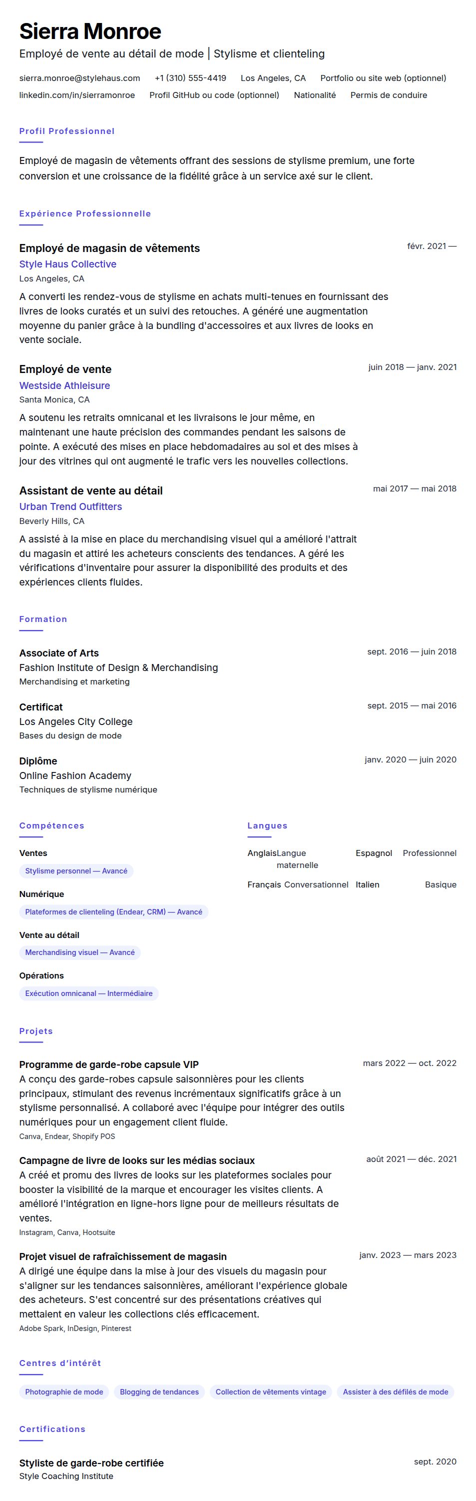 Exemple de CV pour employé de magasin de vêtements