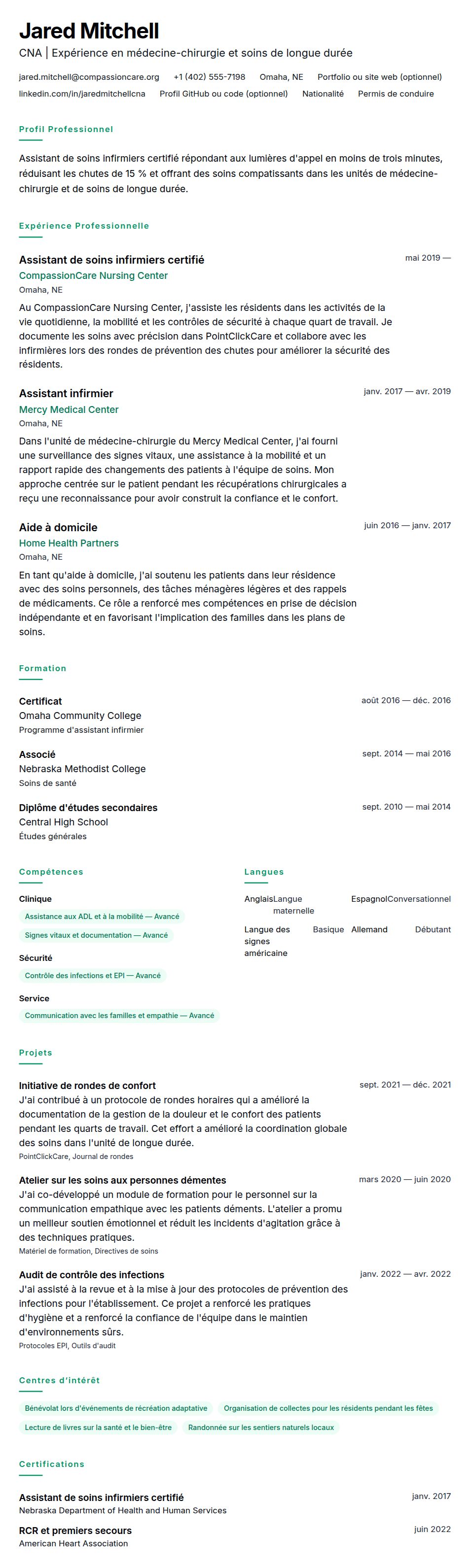 Aperçu du CV Exemple de CV d'Assistant de soins infirmiers certifié (CNA)