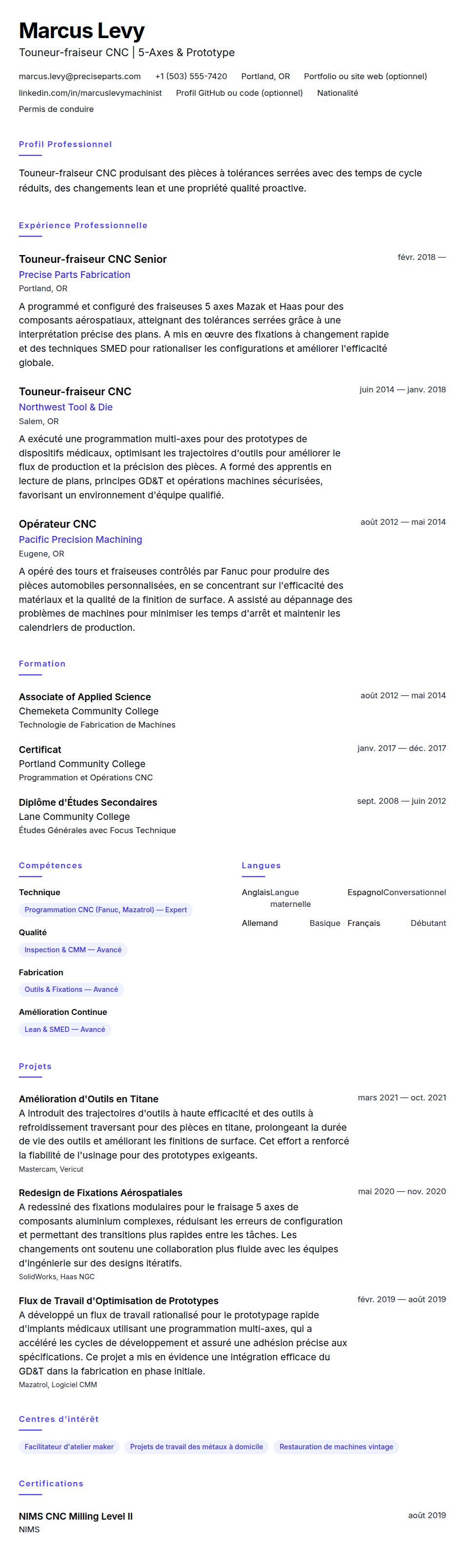 Exemple de CV de Touneur-fraiseur CNC