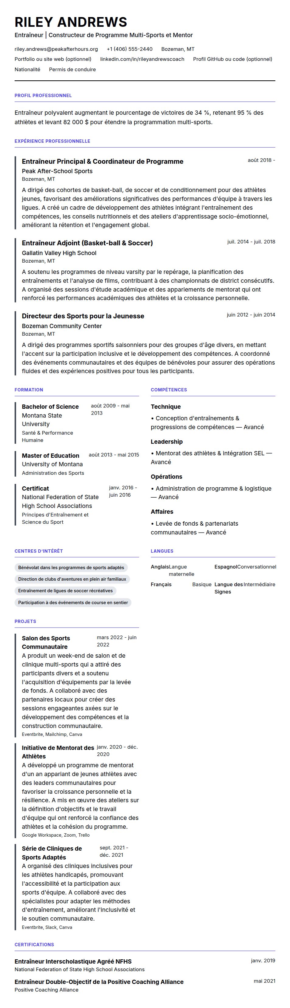 Aperçu du CV Exemple de CV d'Entraîneur
