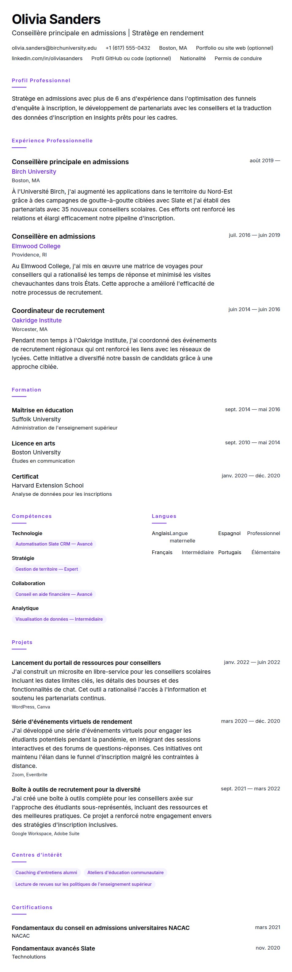 Exemple de CV de conseiller en admissions universitaires