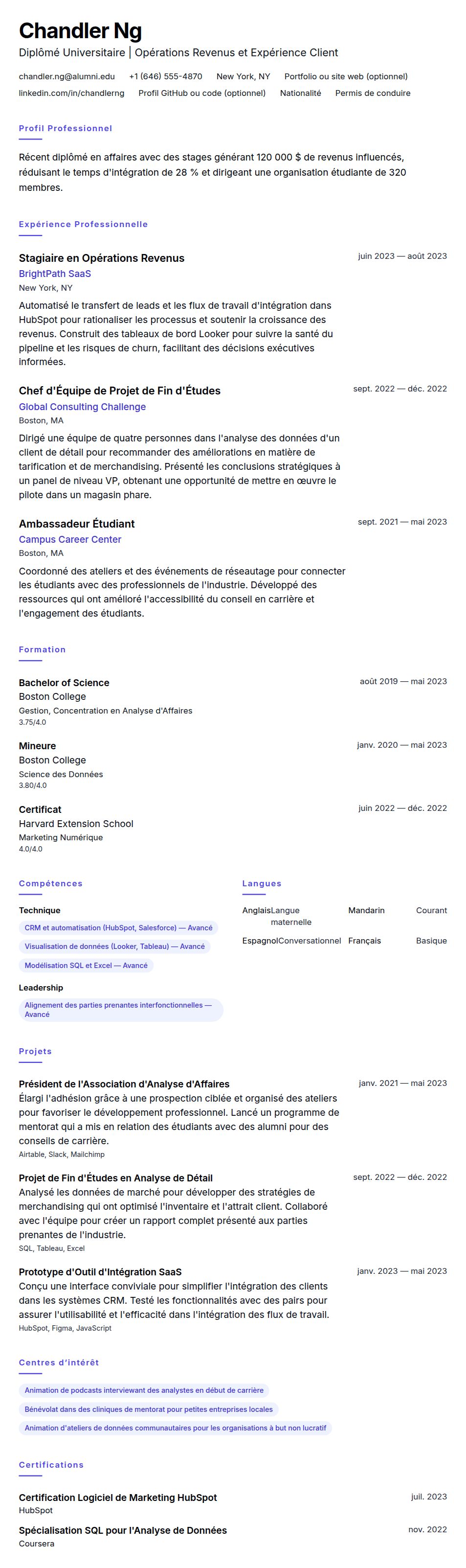 Exemple de CV pour Diplômé Universitaire
