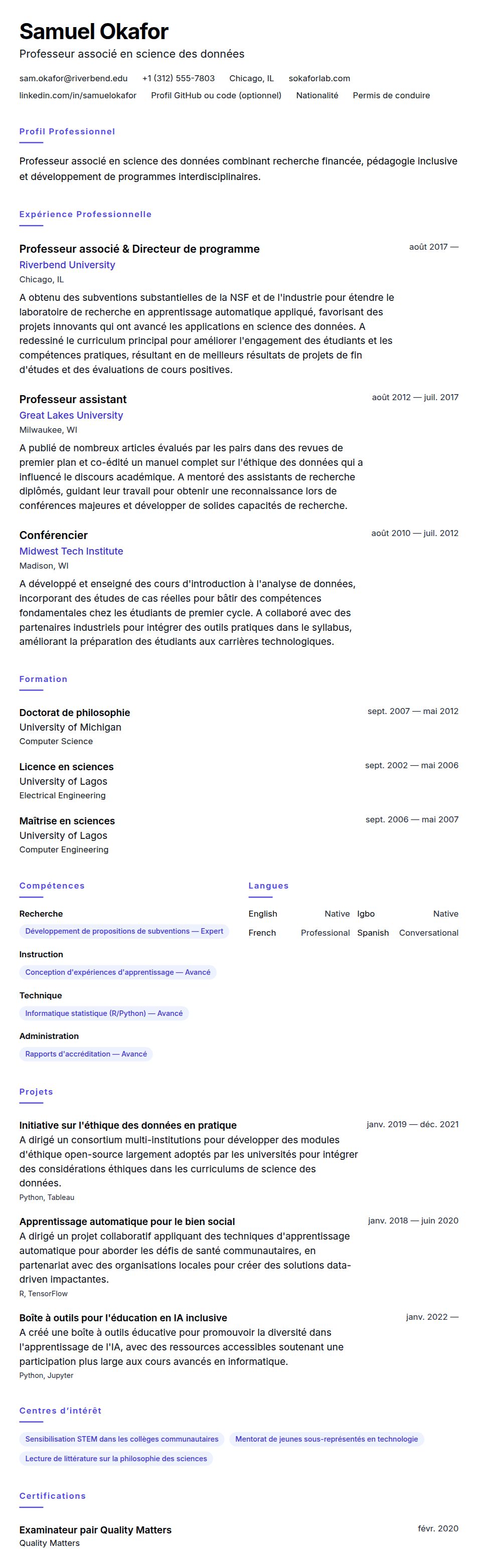 Aperçu du CV Exemple de CV pour Professeur d'université