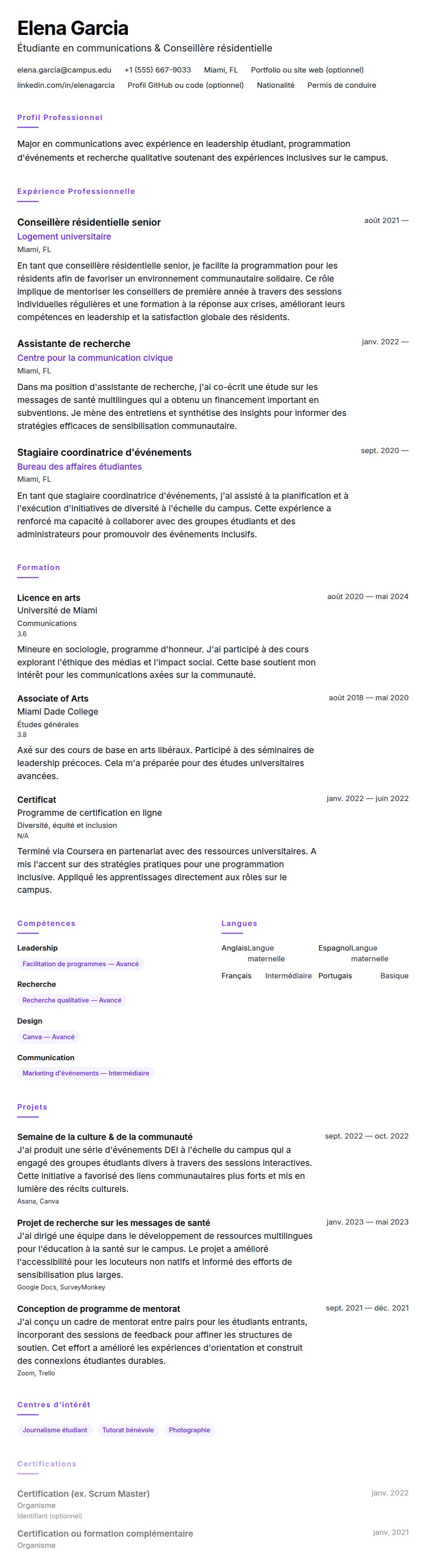 Aperçu du CV Exemple de CV pour étudiant universitaire