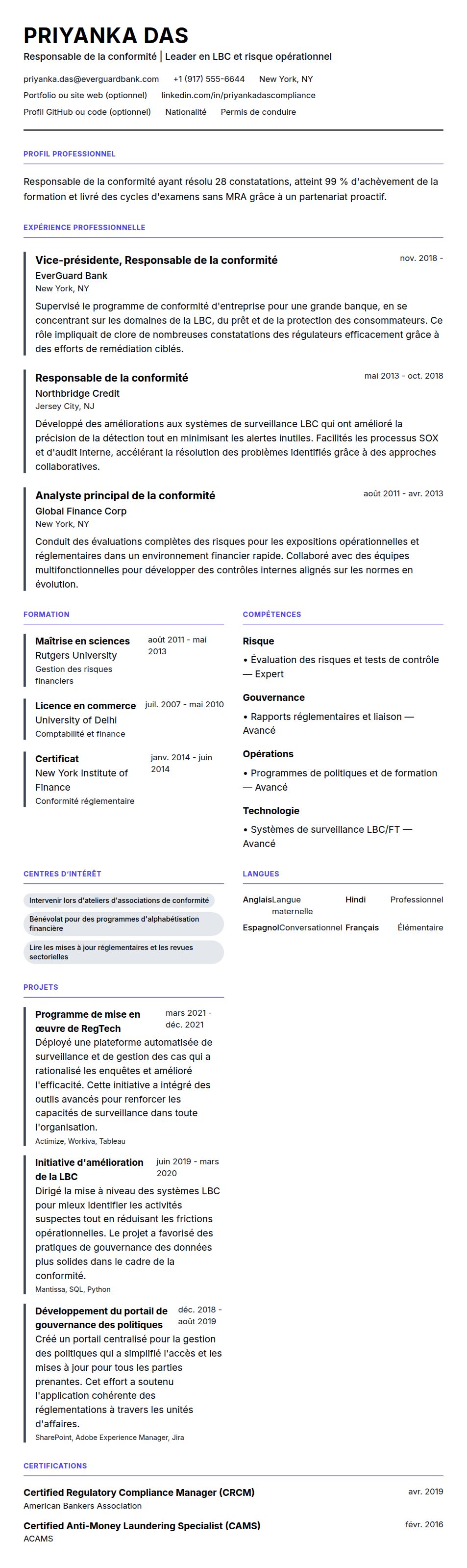 Aperçu du CV Exemple de CV de Responsable de la conformité