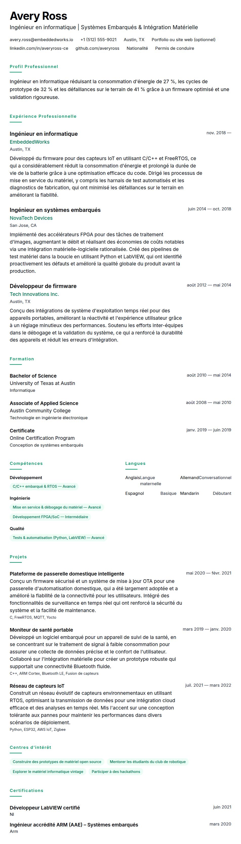 Aperçu du CV Exemple de CV d'Ingénieur en informatique