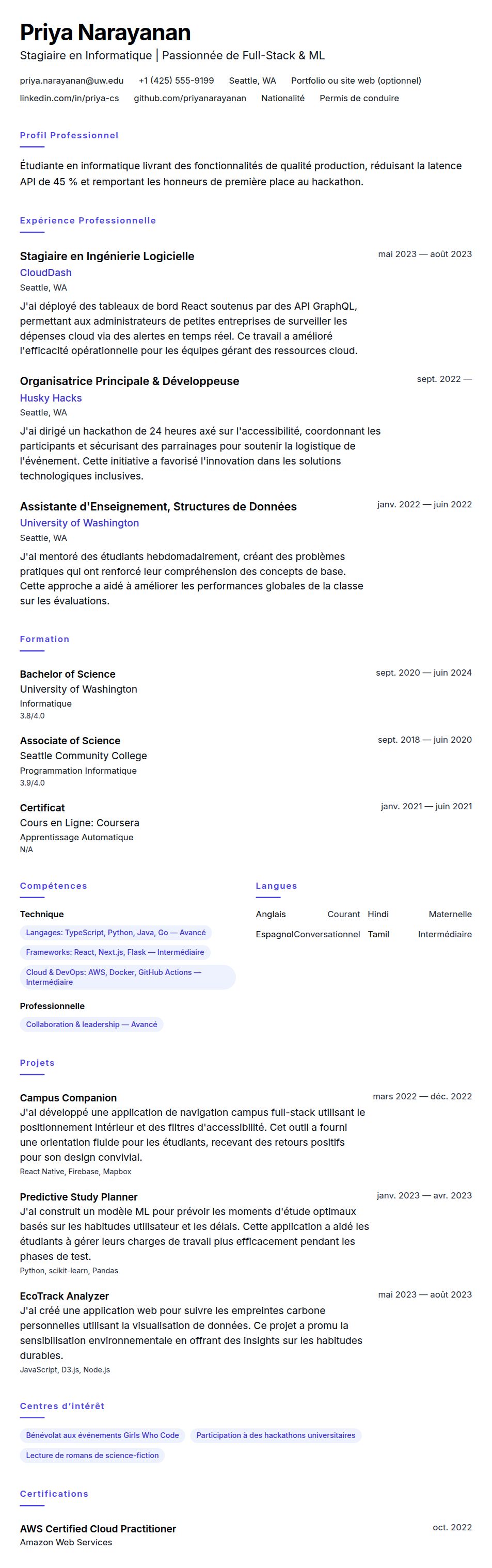 Aperçu du CV Exemple de CV pour Stage en Informatique