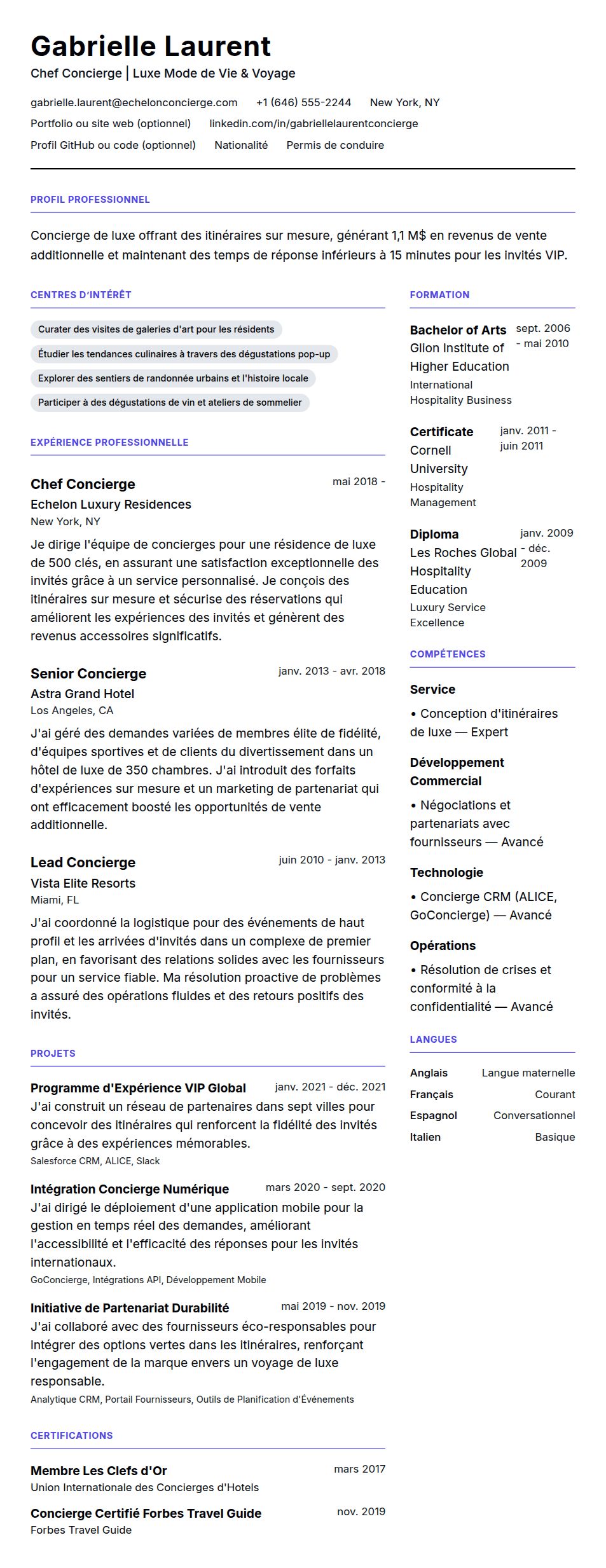 Aperçu du CV Exemple de CV de Concierge