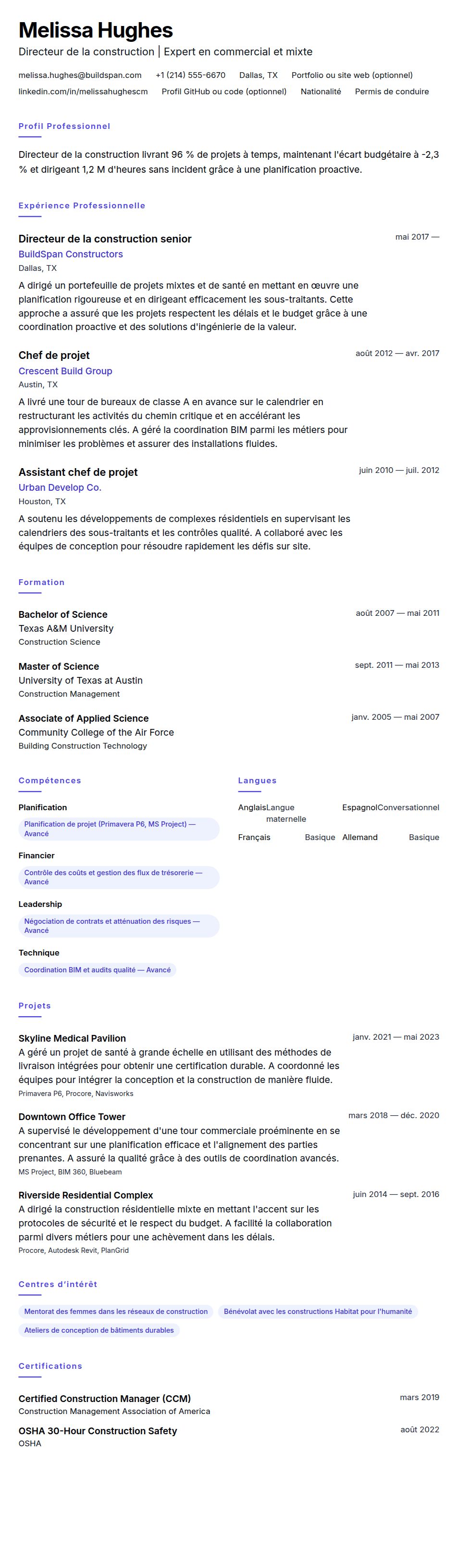 Exemple de CV de Directeur de la construction