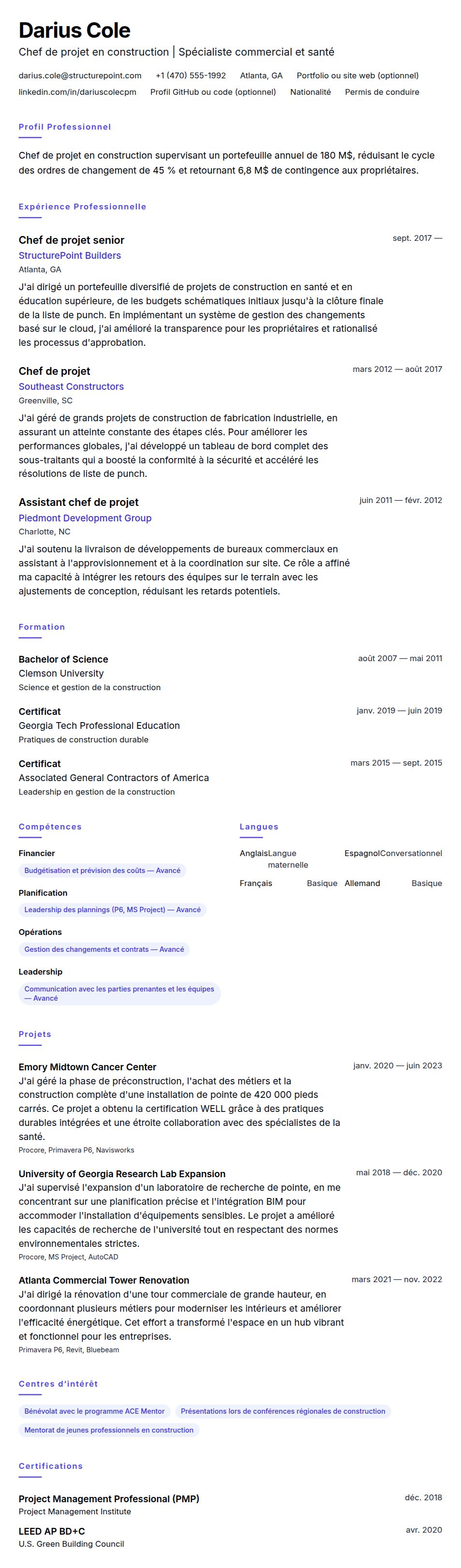 Exemple de CV de Chef de projet en construction