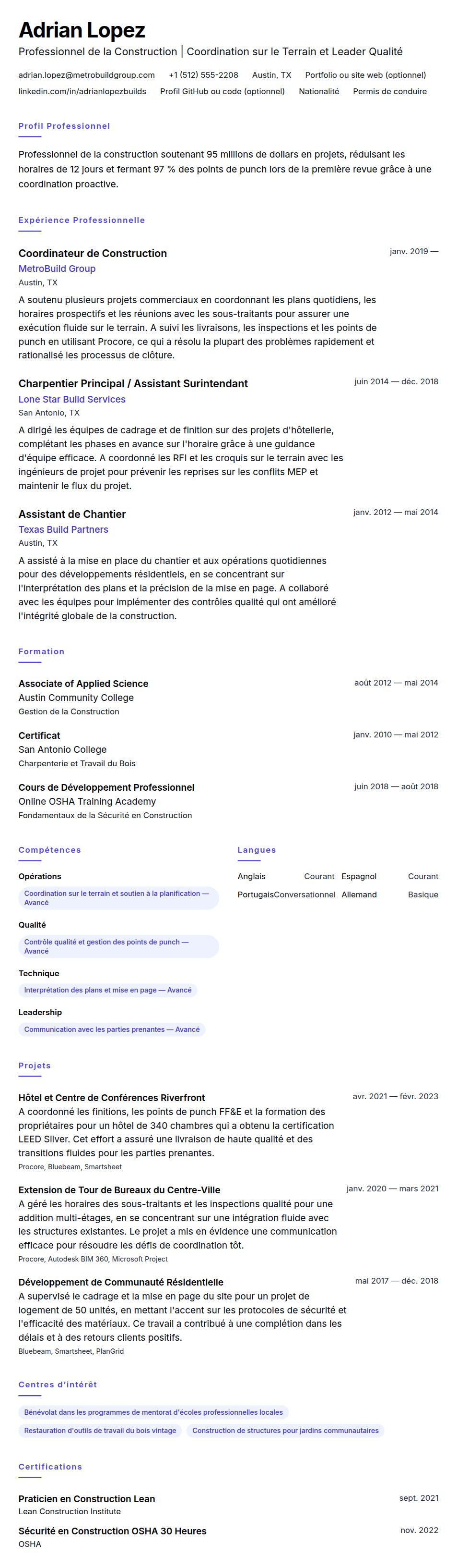 Aperçu du CV Exemple de CV pour Professionnel de la Construction