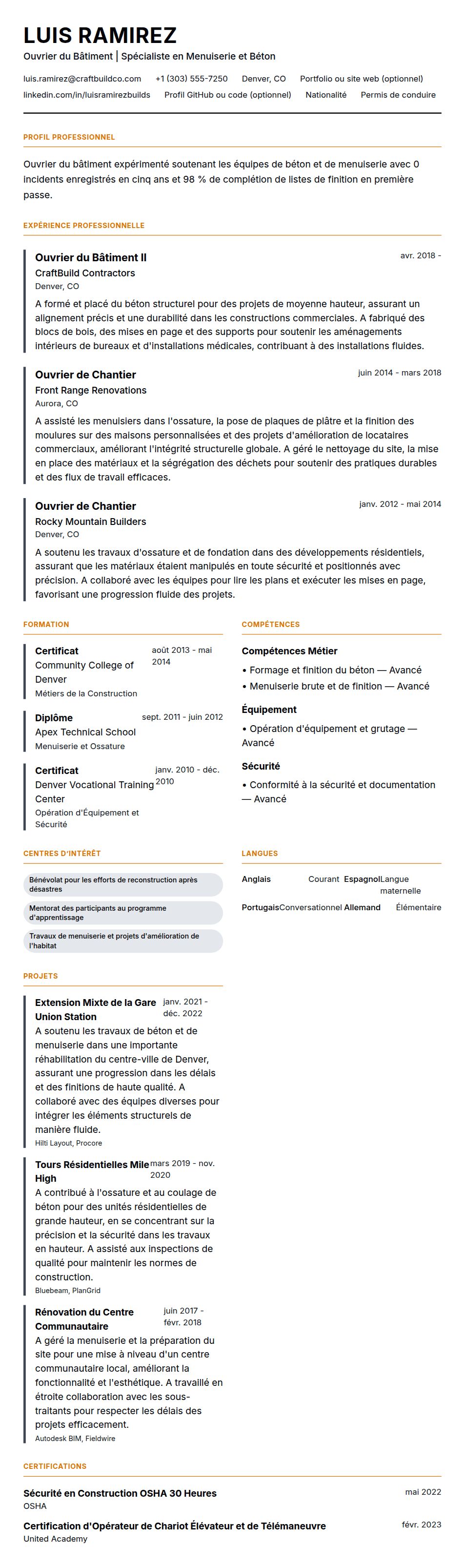 Aperçu du CV Exemple de CV d'Ouvrier du Bâtiment
