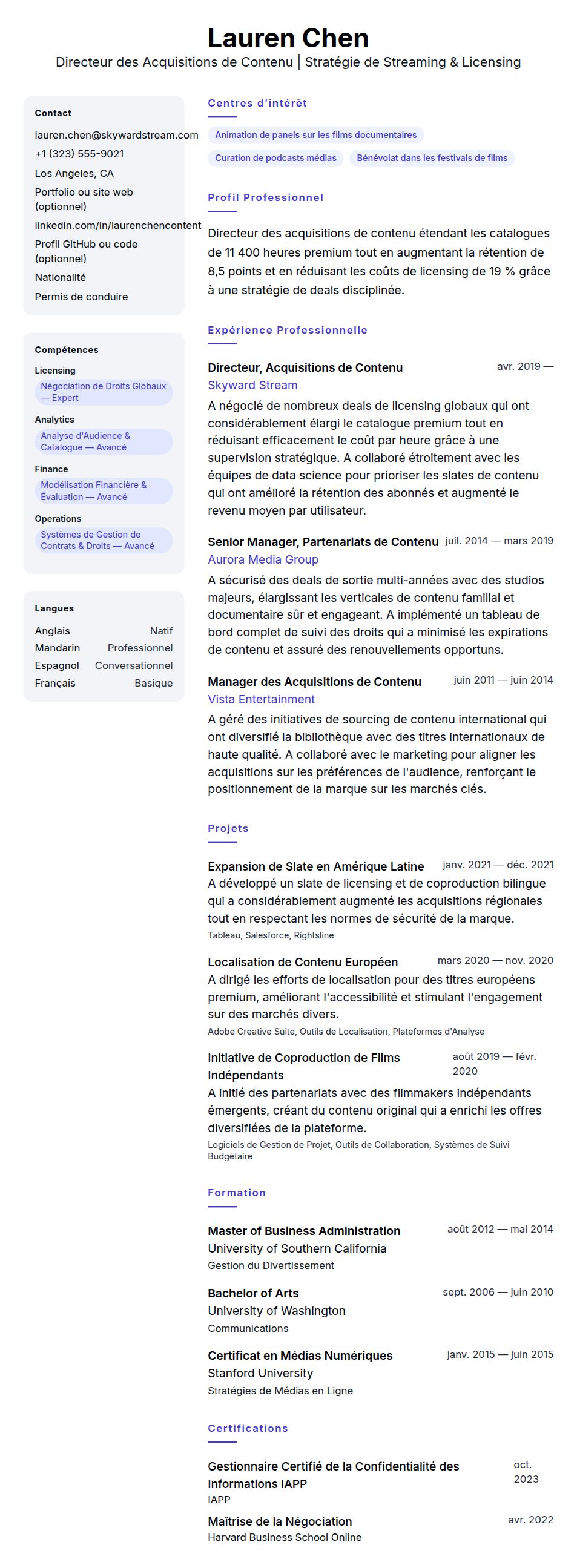 Aperçu du CV Exemple de CV de Directeur des Acquisitions de Contenu