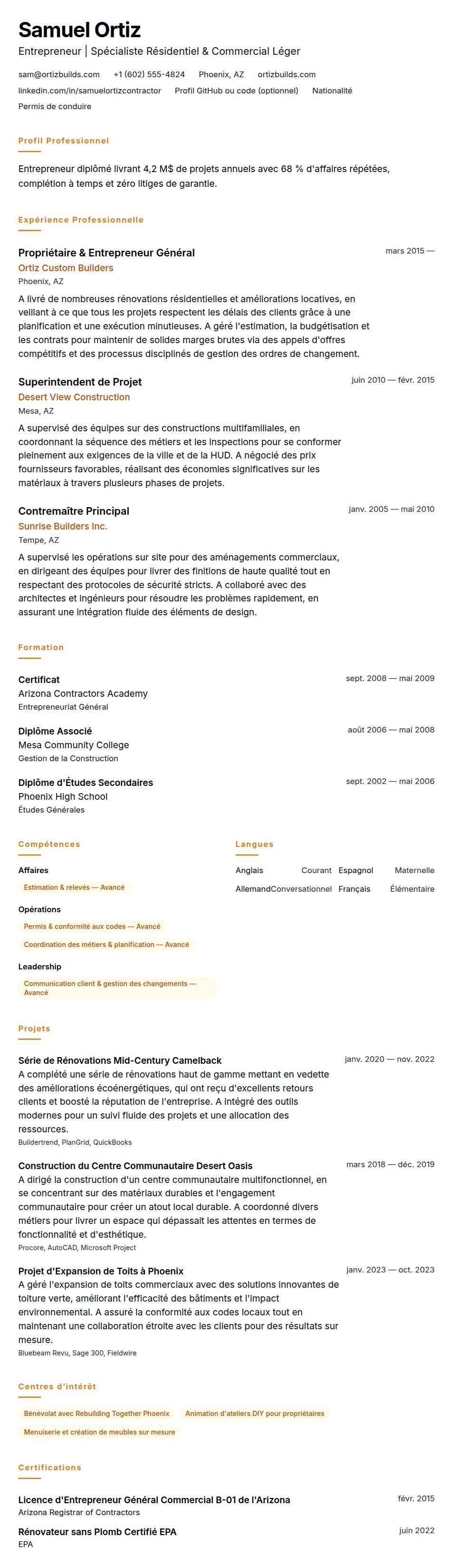 Aperçu du CV Exemple de CV d'Entrepreneur