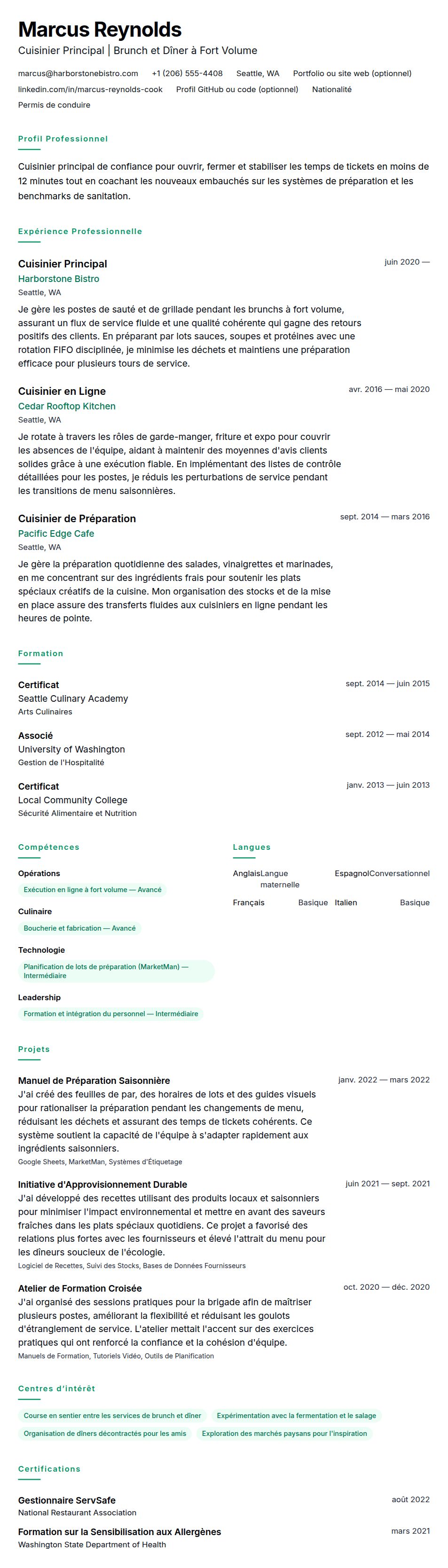 Aperçu du CV Exemple de CV de Cuisinier