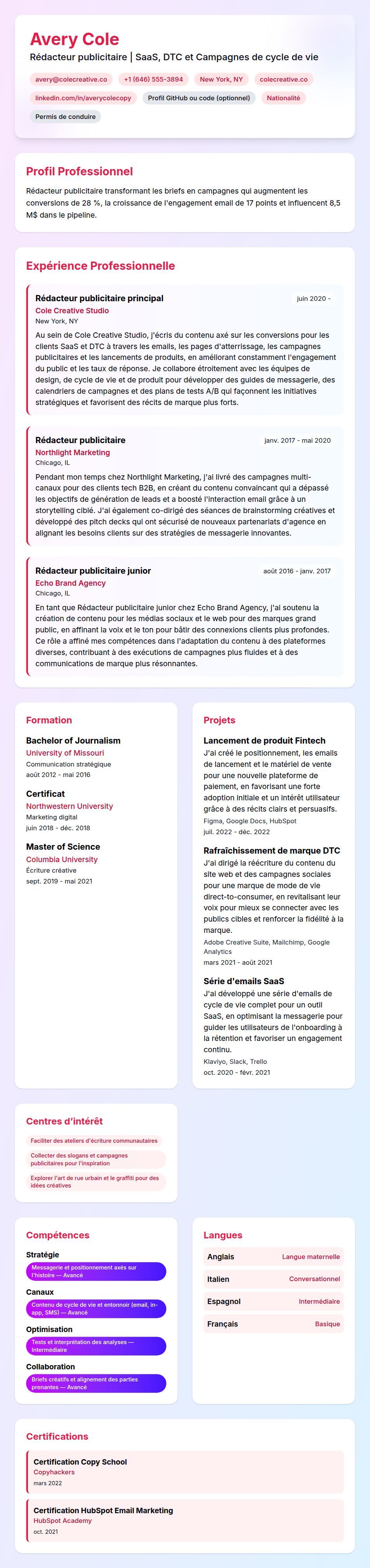Aperçu du CV Exemple de CV de Rédacteur publicitaire