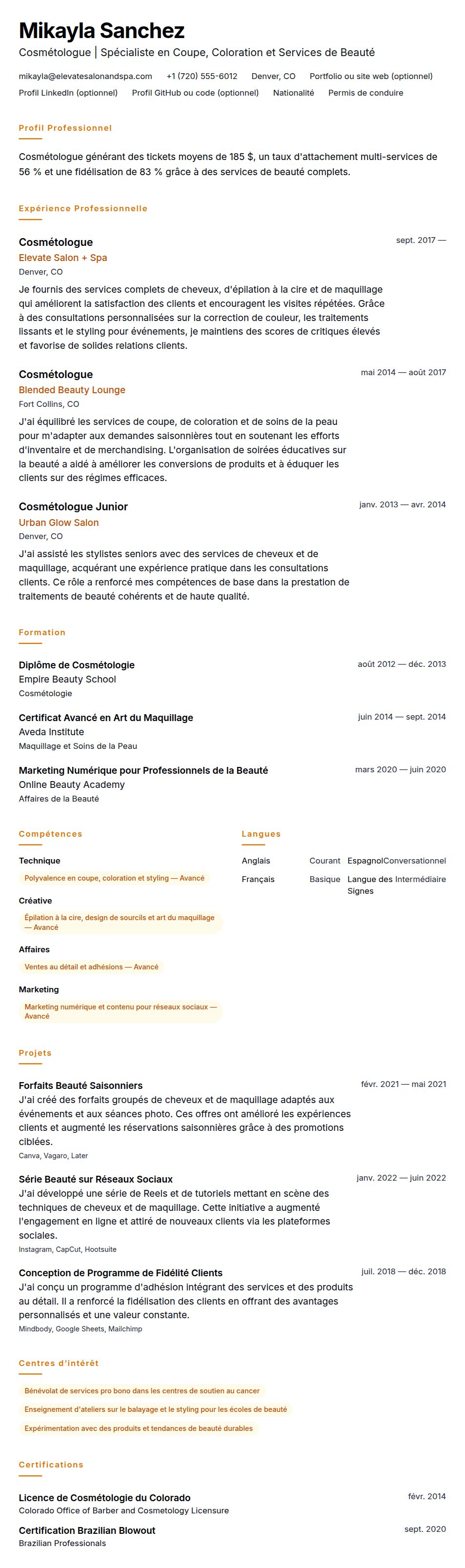 Aperçu du CV Exemple de CV de Cosmétologue