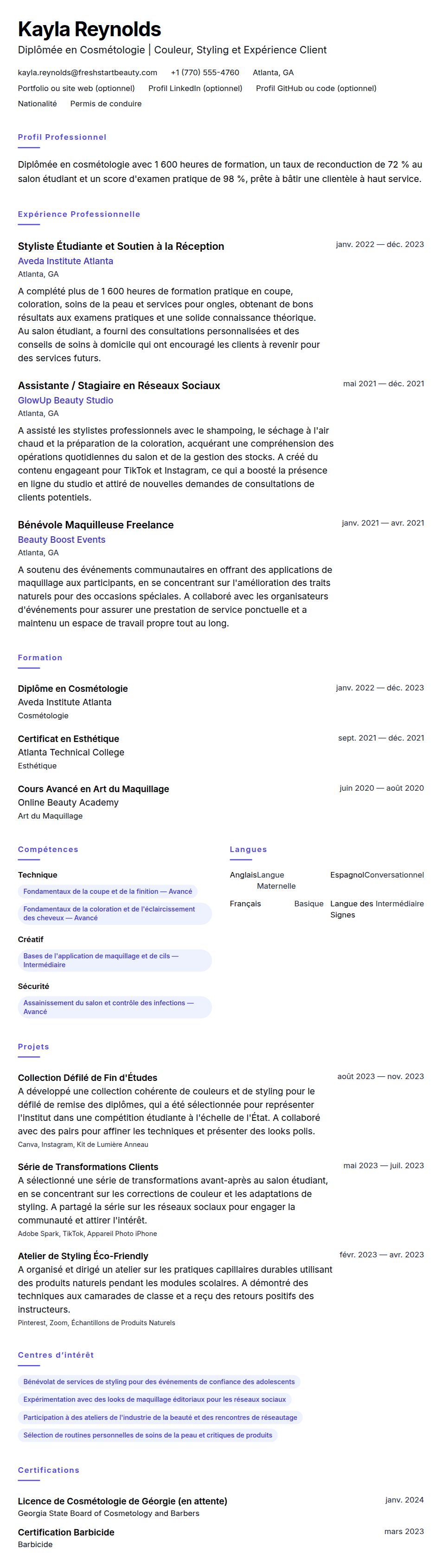 Exemple de CV pour Diplômé en Cosmétologie