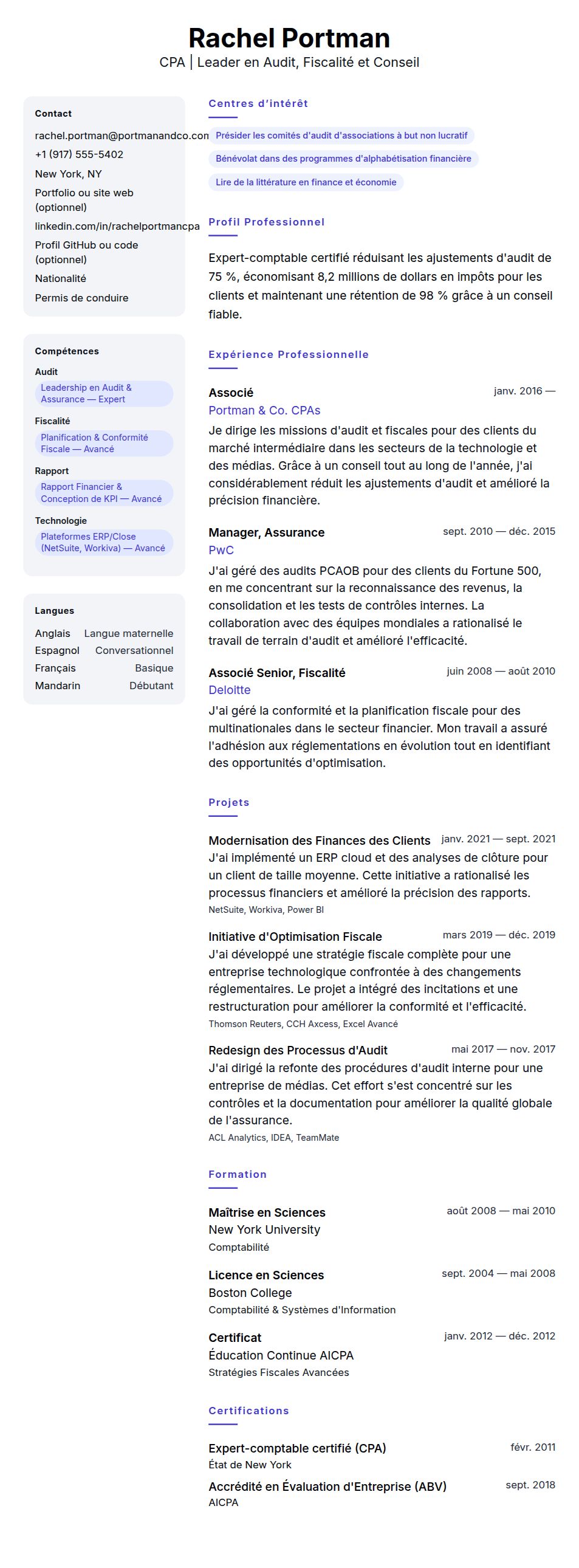 Aperçu du CV Exemple de CV d'Expert-comptable certifié