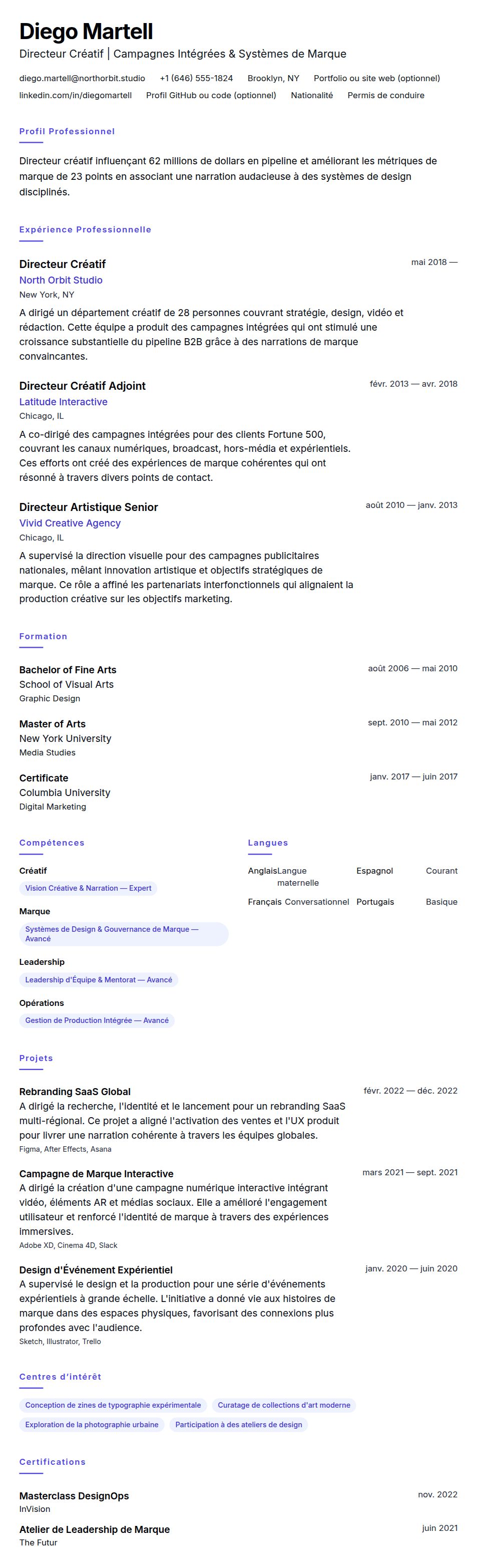 Aperçu du CV Exemple de CV de Directeur Créatif