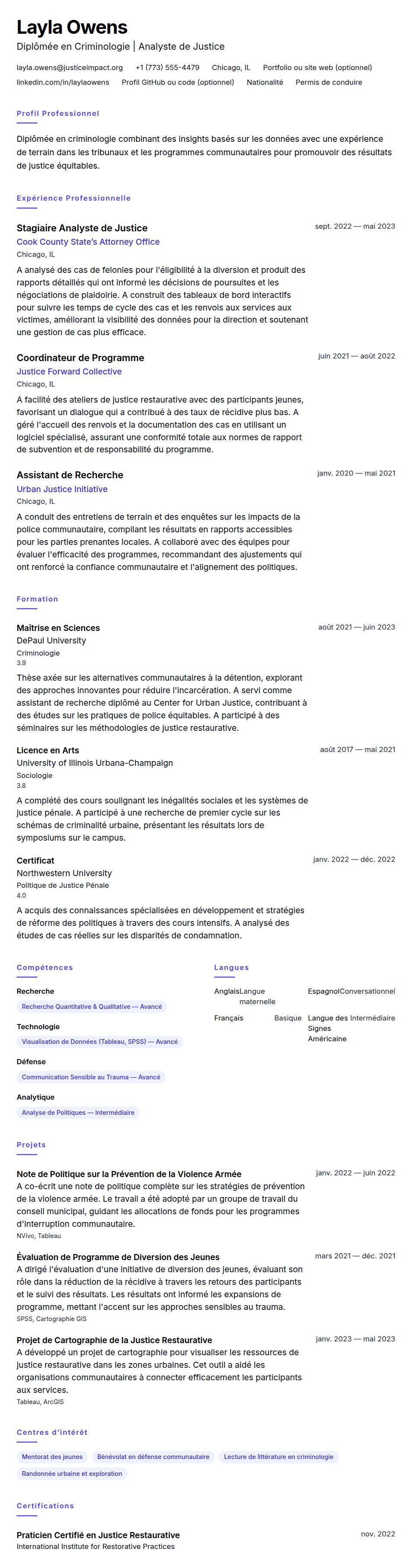 Aperçu du CV Exemple de CV pour Diplômé en Criminologie