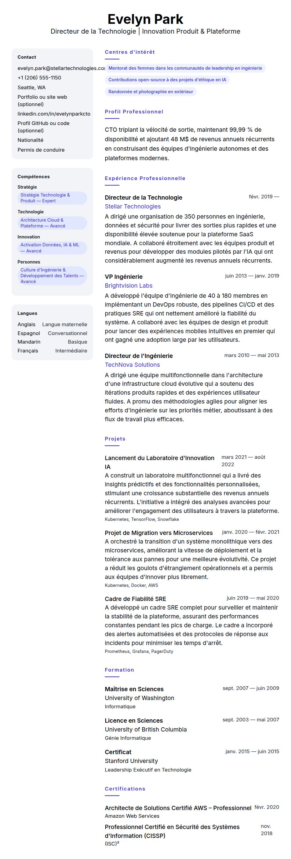 Aperçu du CV Exemple de CV de Directeur de la Technologie