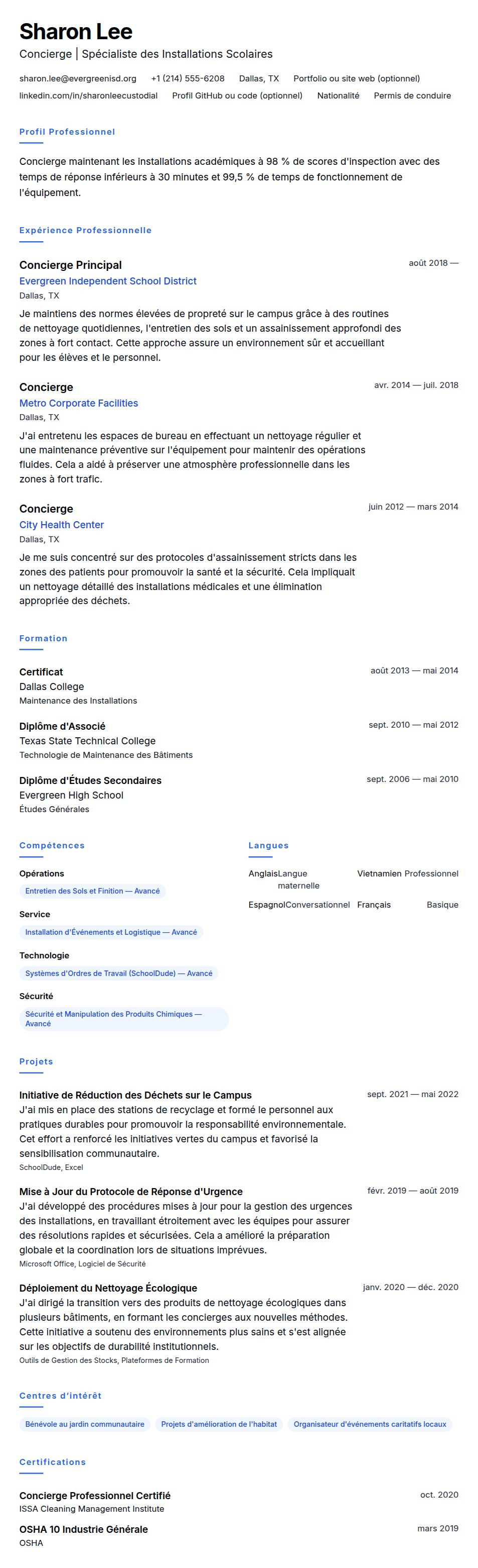 Exemple de CV de Concierge