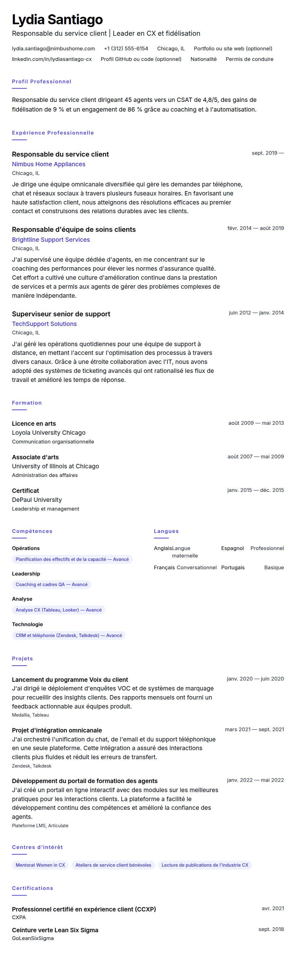 Aperçu du CV Exemple de CV de Responsable du service client