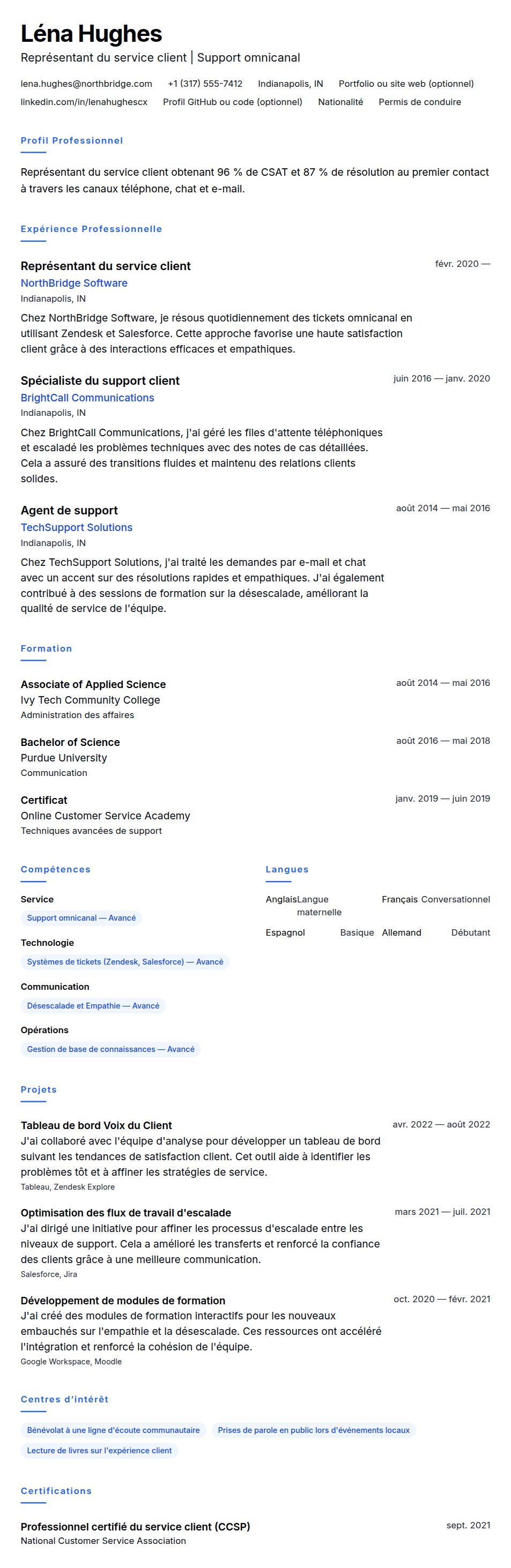 Aperçu du CV Exemple de CV de Représentant du service client
