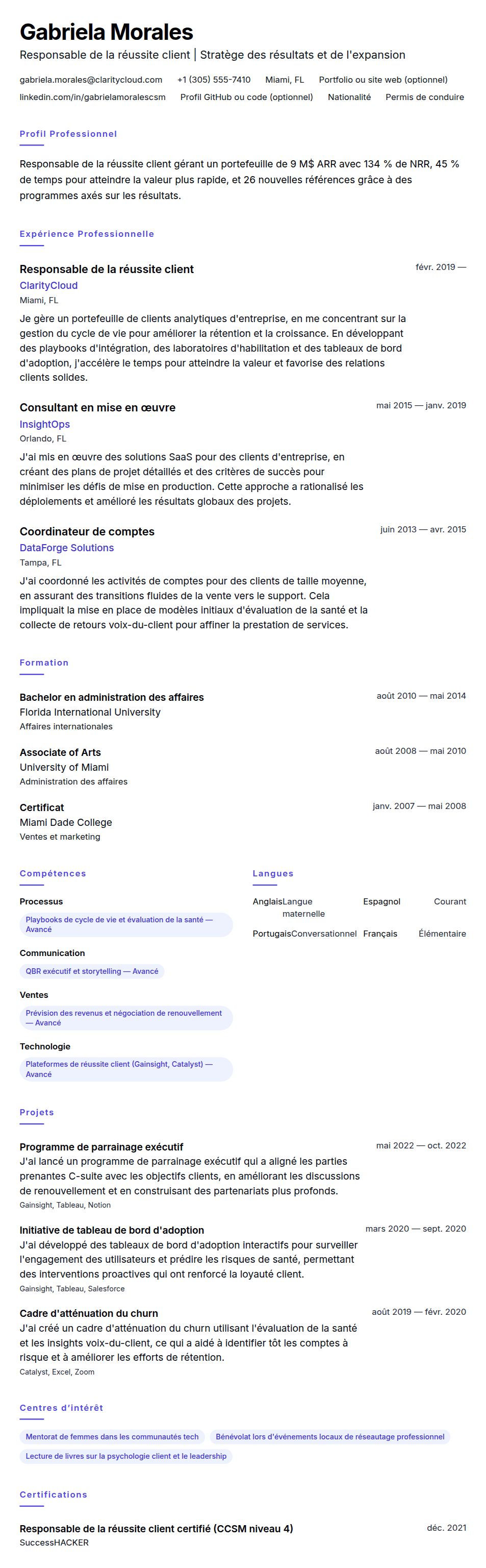Exemple de CV de Responsable de la réussite client