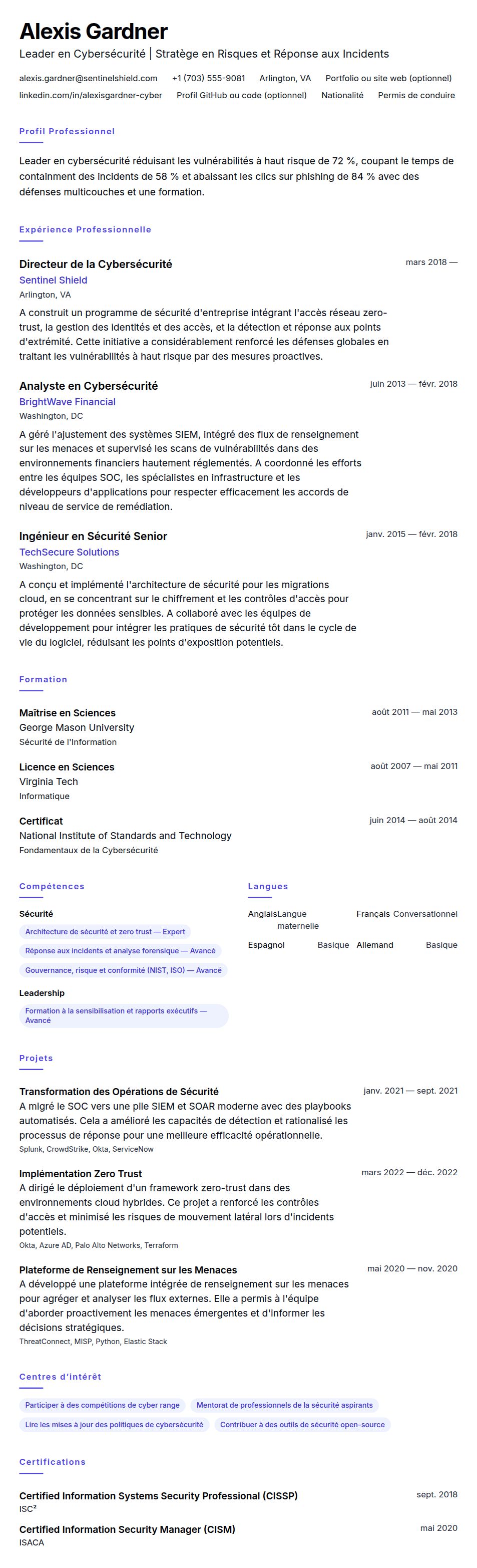 Aperçu du CV Exemple de CV de Professionnel de la Cybersécurité