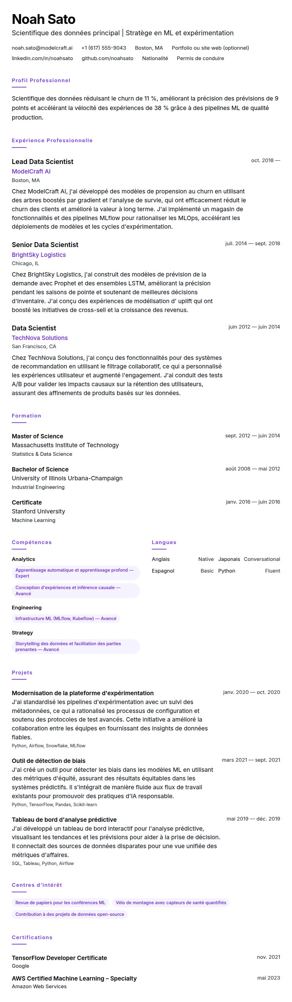 Aperçu du CV Exemple de CV de Scientifique des données