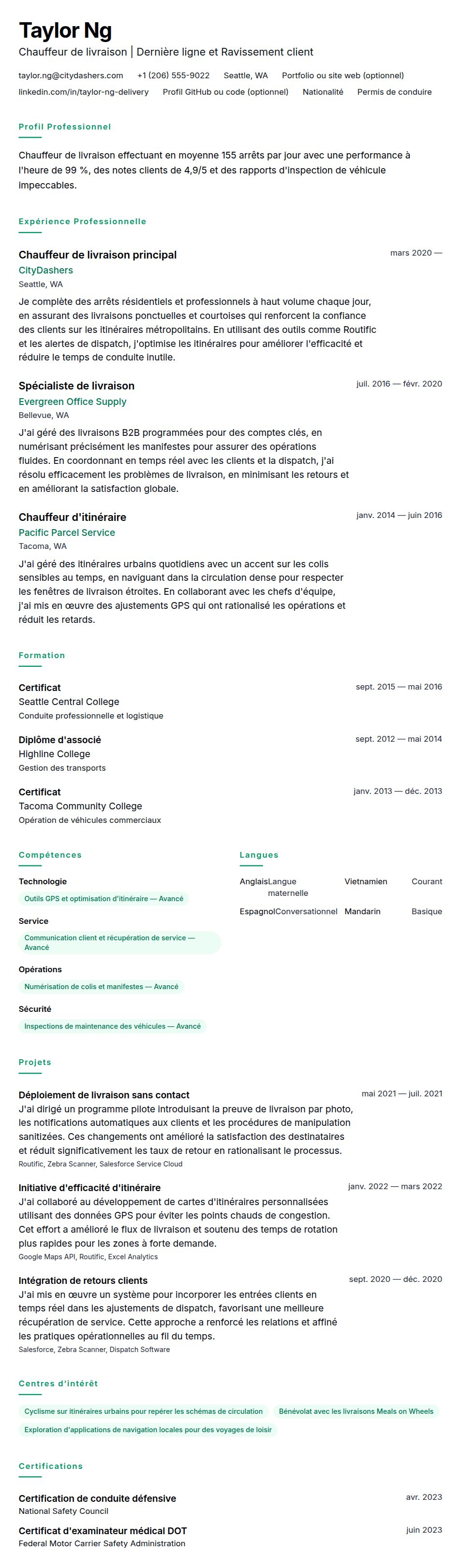 Exemple de CV de Chauffeur de livraison
