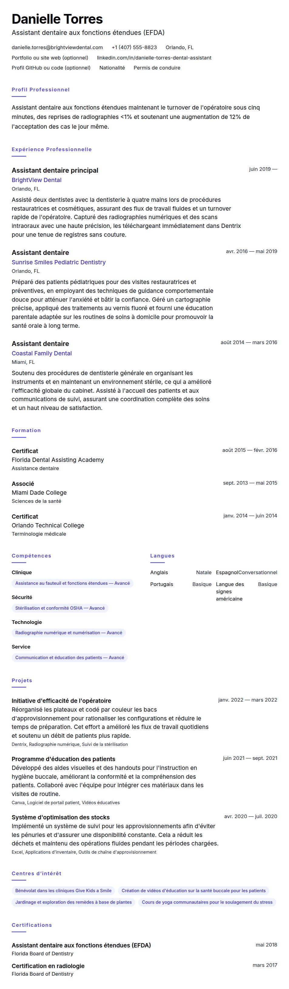 Aperçu du CV Exemple de CV d'Assistant dentaire