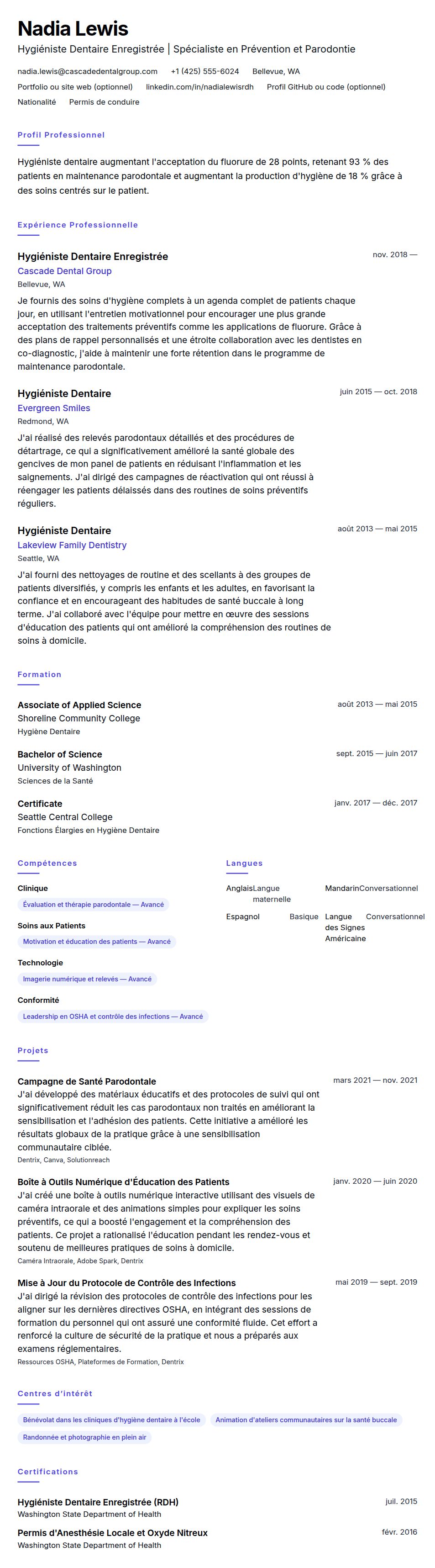 Aperçu du CV Exemple de CV d'Hygiéniste Dentaire