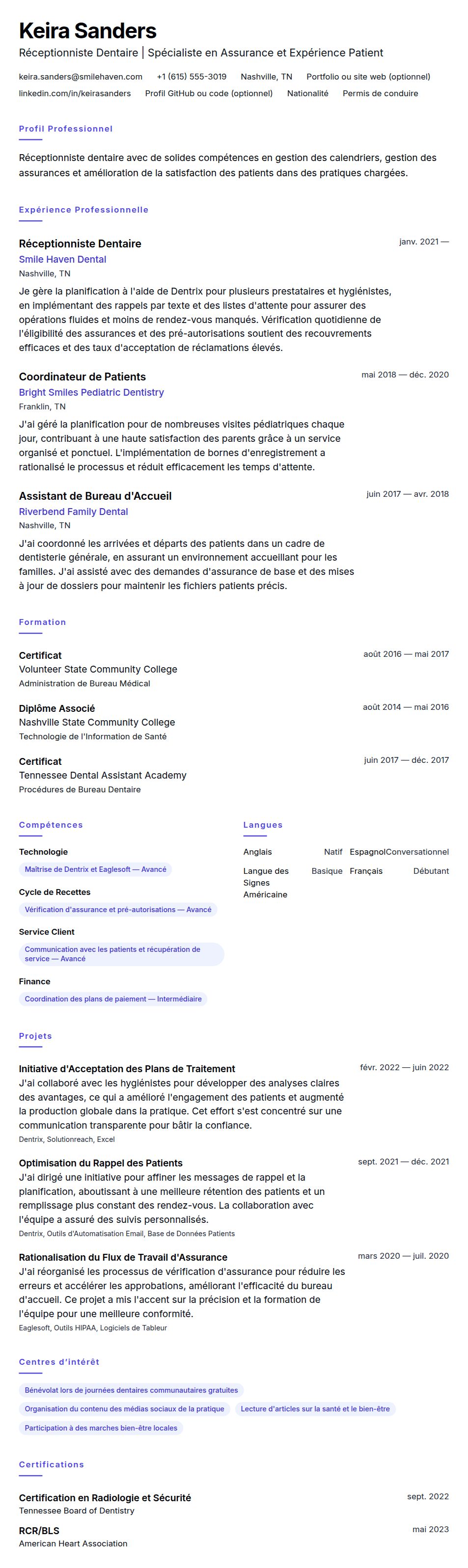 Aperçu du CV Exemple de CV de Réceptionniste Dentaire