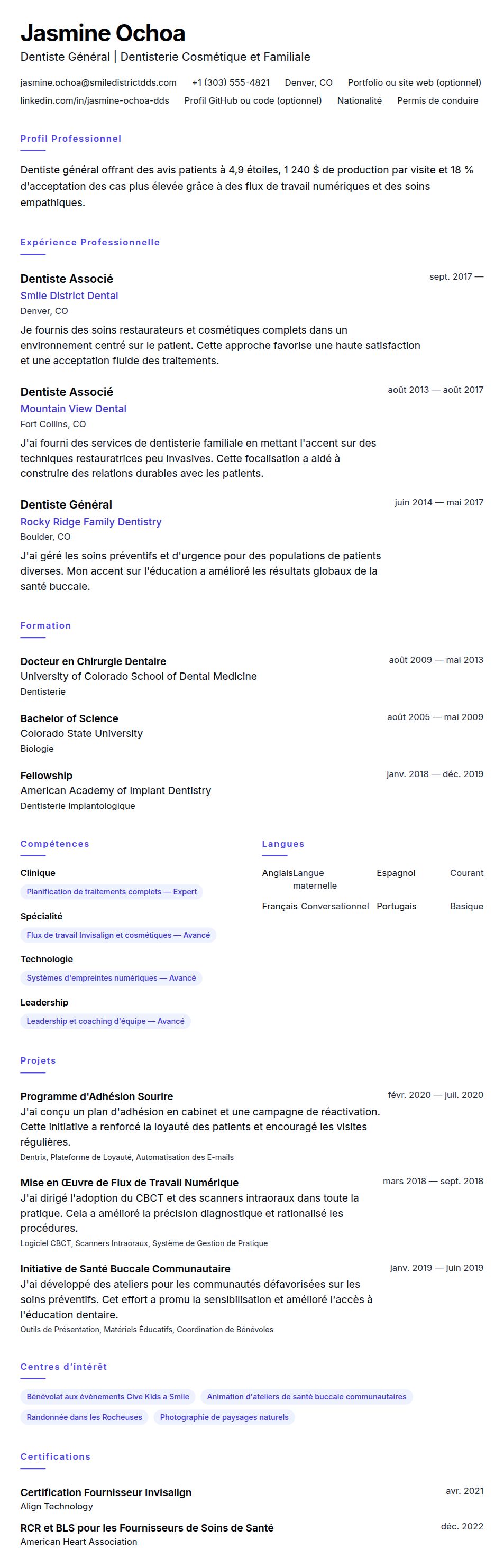 Aperçu du CV Exemple de CV de Dentiste