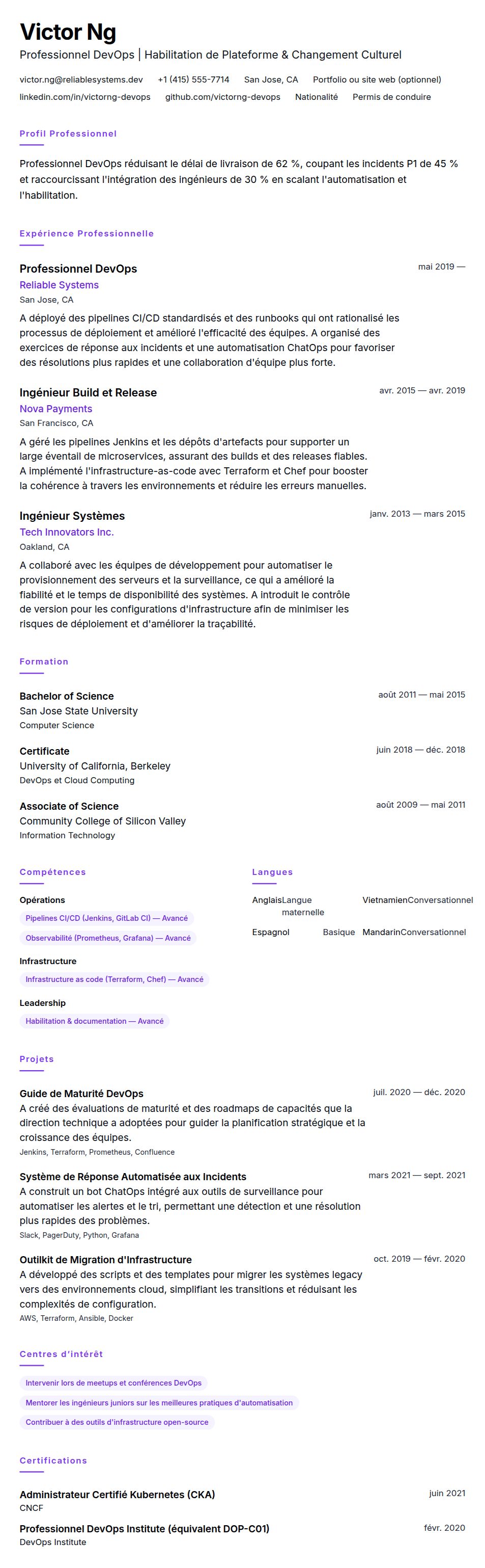 Aperçu du CV Exemple de CV pour Professionnel DevOps