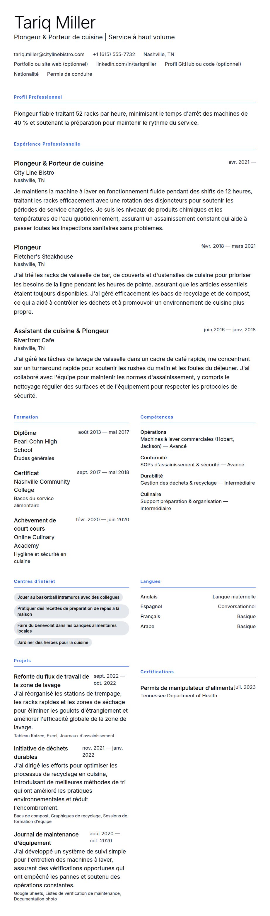 Aperçu du CV Exemple de CV de Plongeur