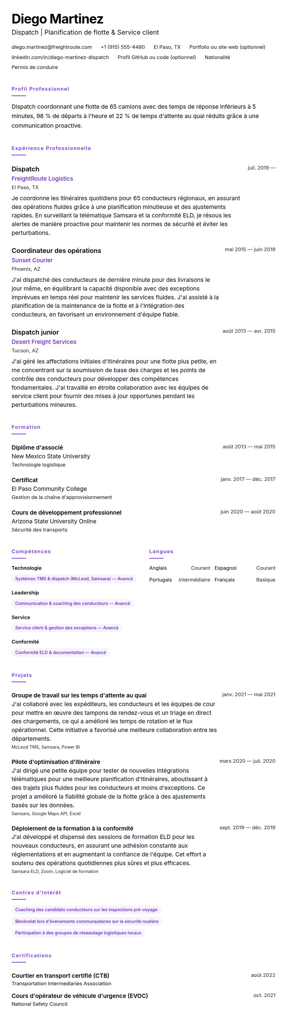 Aperçu du CV Exemple de CV de Dispatch