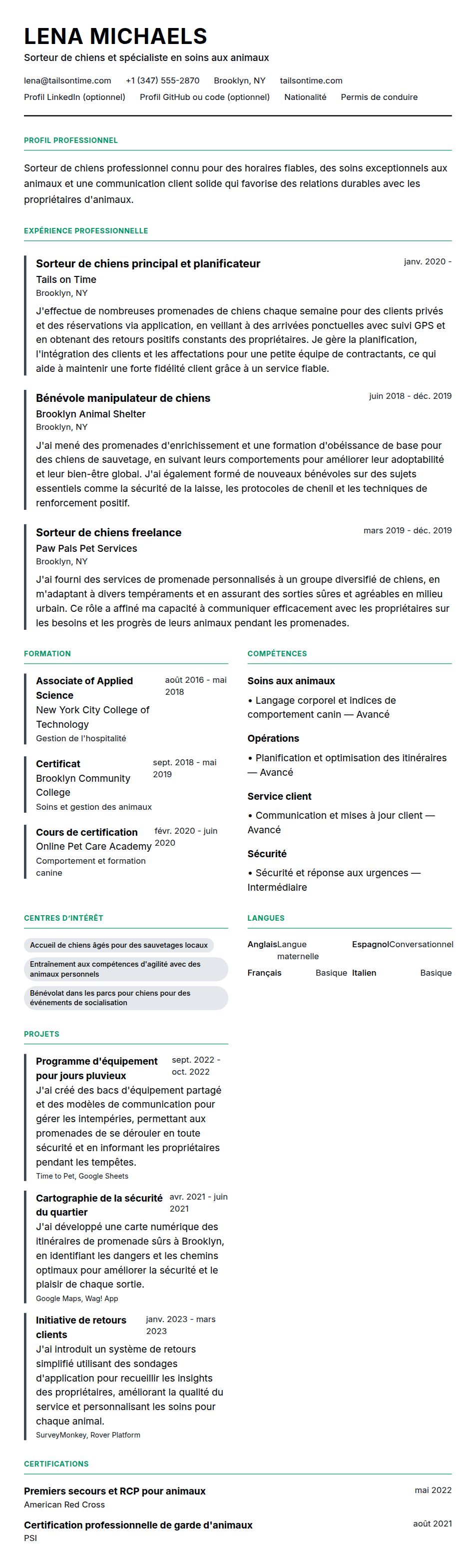Aperçu du CV Exemple de CV pour sorteur de chiens