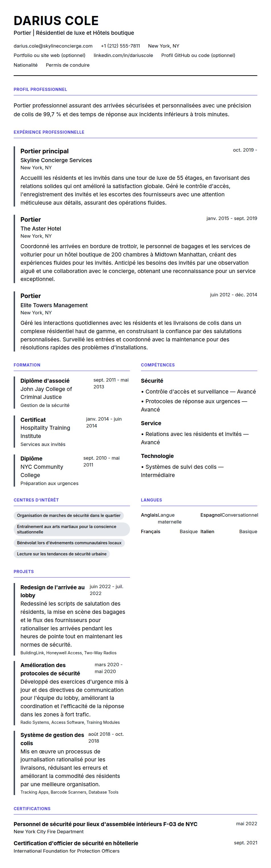 Exemple de CV de Portier