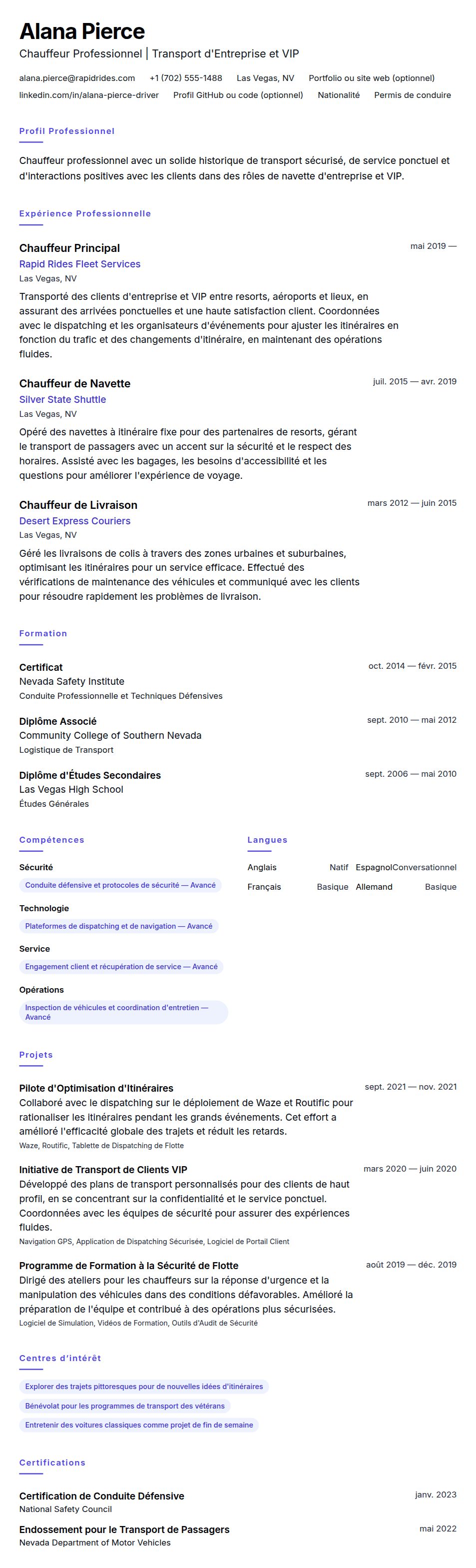 Aperçu du CV Exemple de CV de Chauffeur