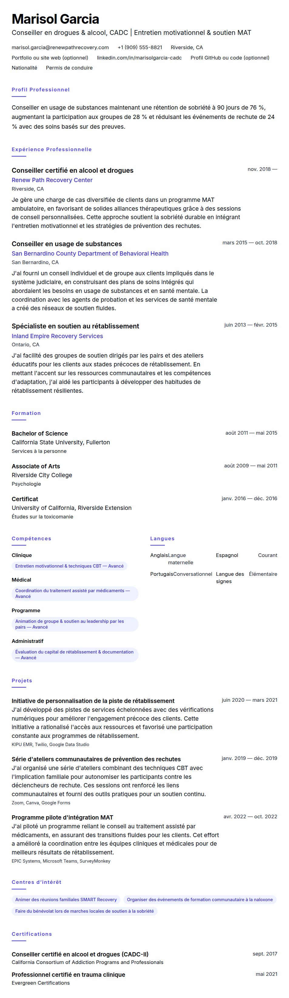 Aperçu du CV Exemple de CV de Conseiller en toxicomanie et alcoolisme