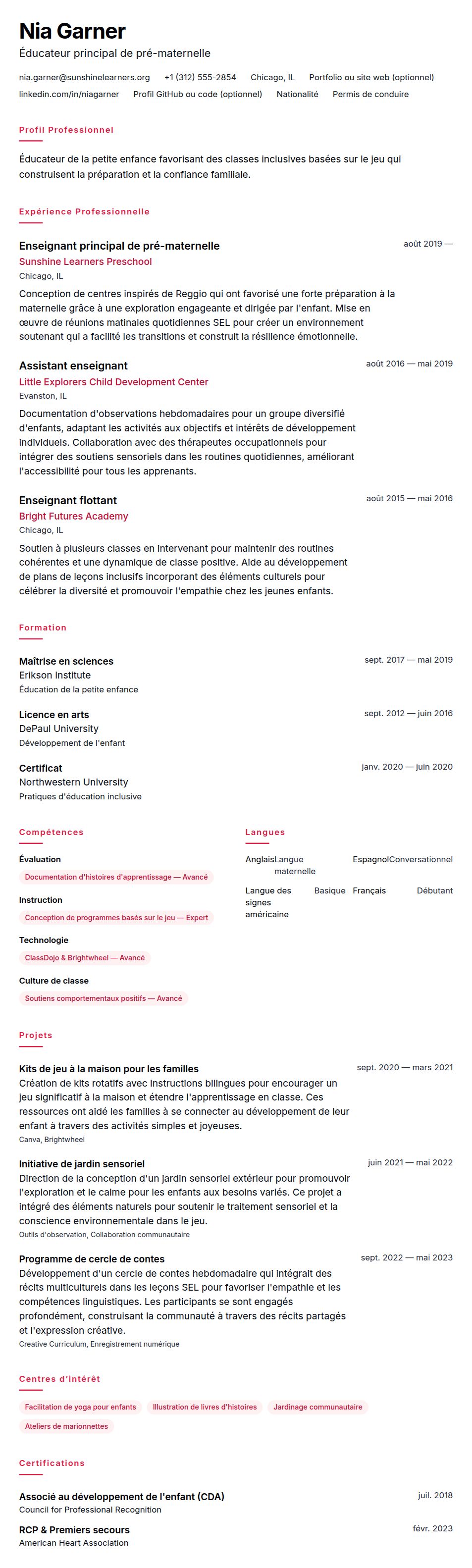 Aperçu du CV Exemple de CV d'Éducateur de la petite enfance